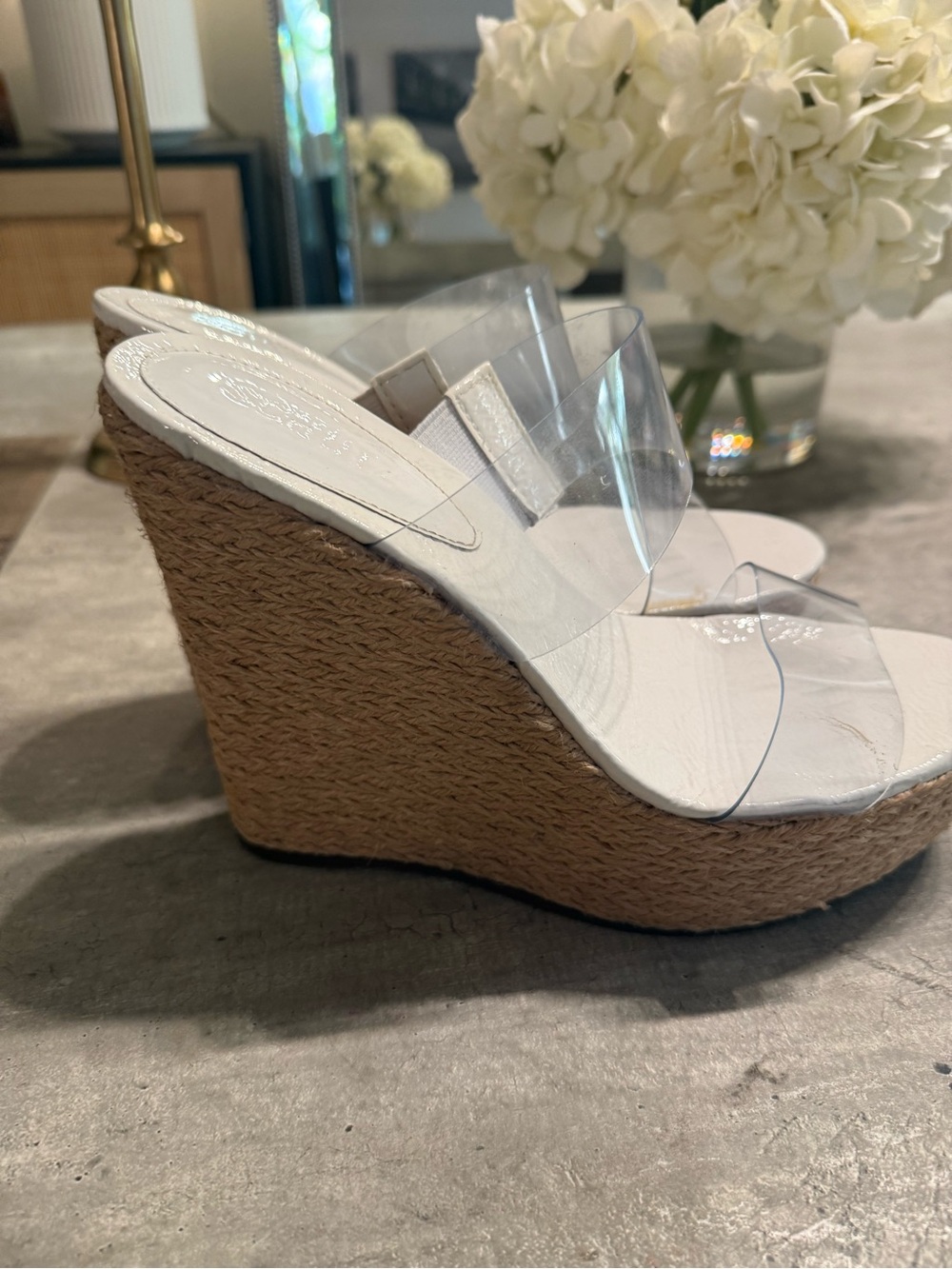 SCHUTZ White Clear Strap Espadrille Wedge Sandals